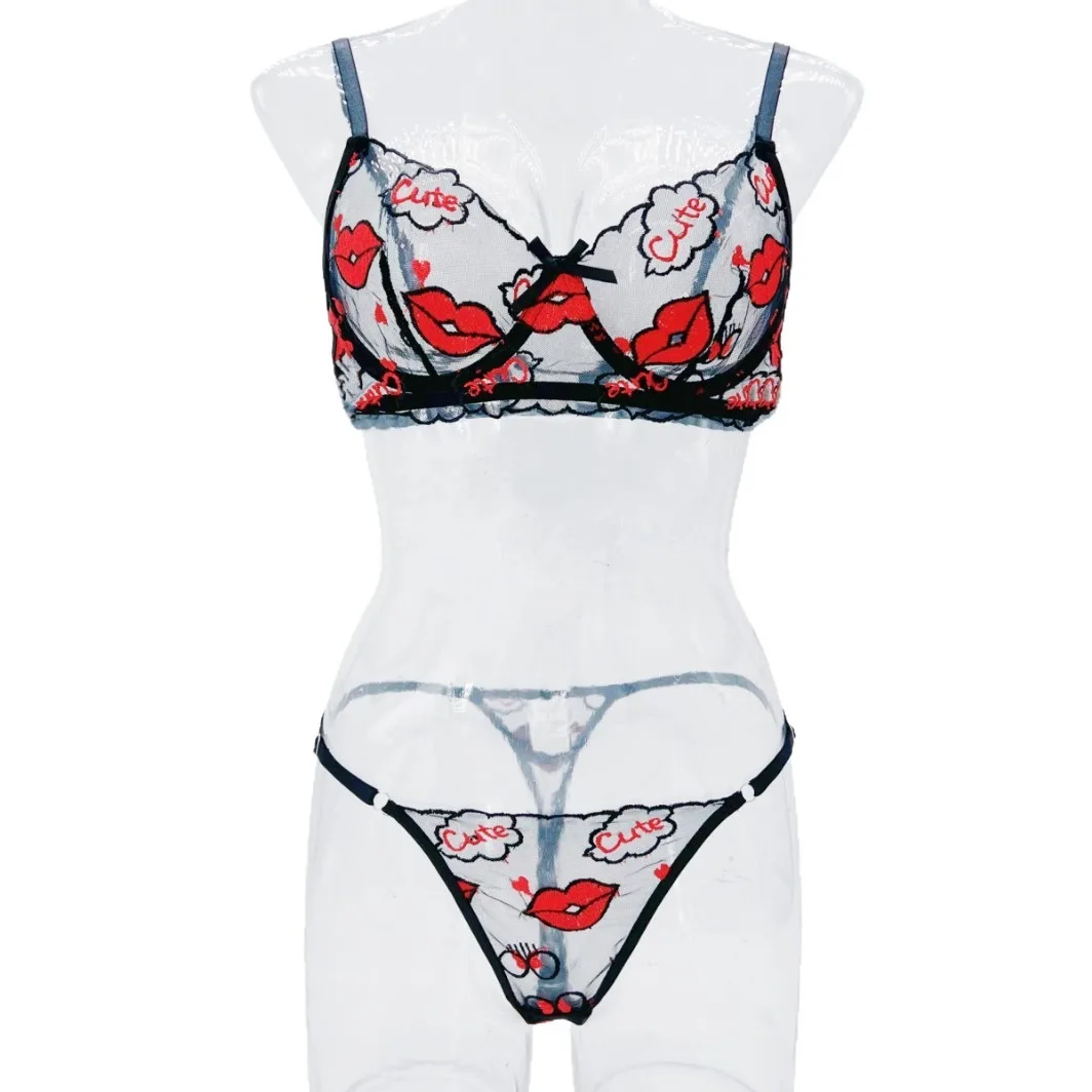 

Комплект женского эротического белья с вышивкой в виде красных губ в стиле Вестерн, соблазнительное сексуальное нижнее белье для женщин