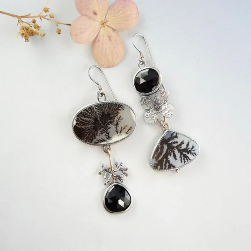 Vintage Asymmetrical Water Drop Flower Earrings Inlaid With Black Stones  Metal Statement  Accessories Jewelry