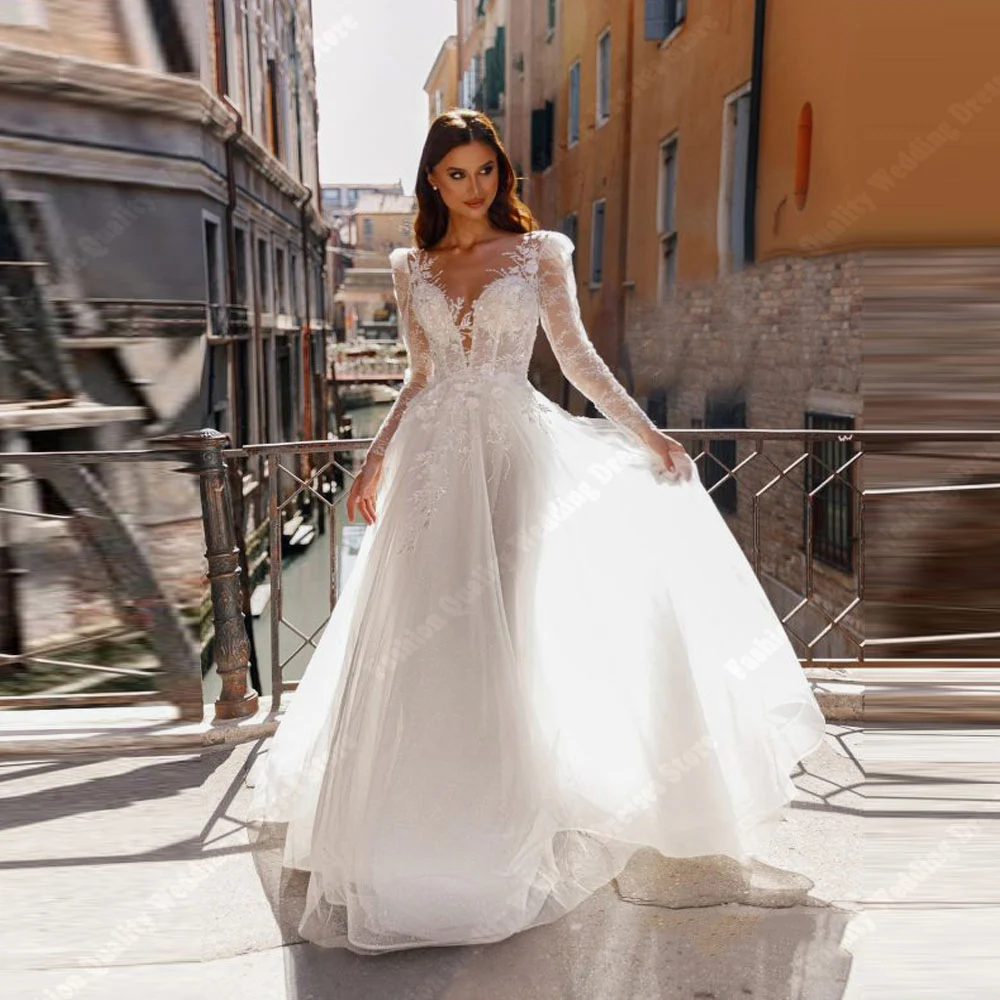 

Elegant Long Sleeves Wedding Dresses Women Charming A-Line robe de mariée Mopping Length Wedding Dresses Luxury 2025 Customized