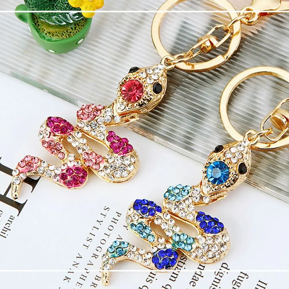 Fortune Rhinestone Snake Keychain Colorful Chinese Style Women's Bag Pendant Trinket Collection Zodiac Snake Year Key Ring