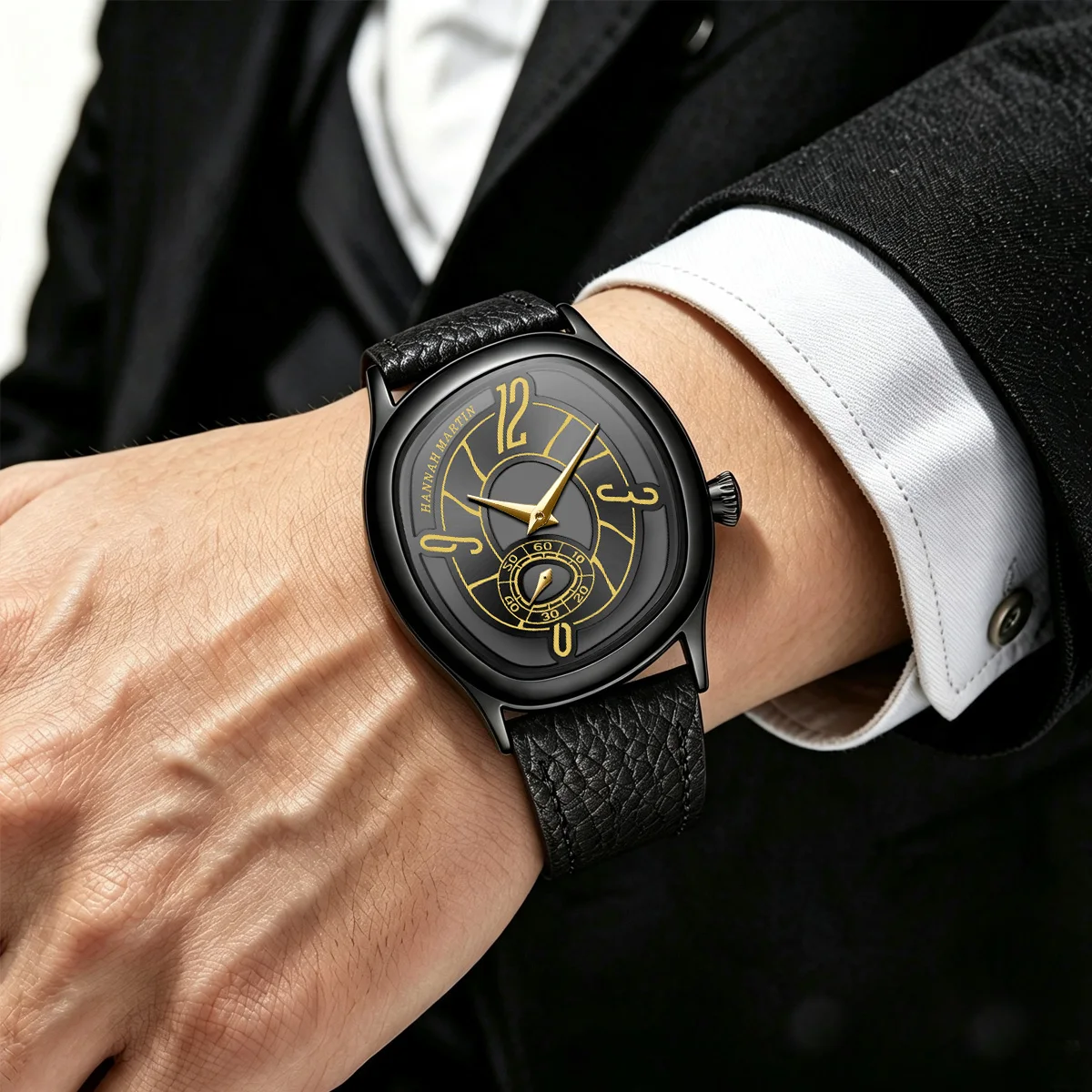 HANNAH MARTIN Watch Fashion Leather 40mm Timing Sub Dial Neutral Couple Clock Luxury Brand Quartz Movement Waterproof Wristwatch view 4