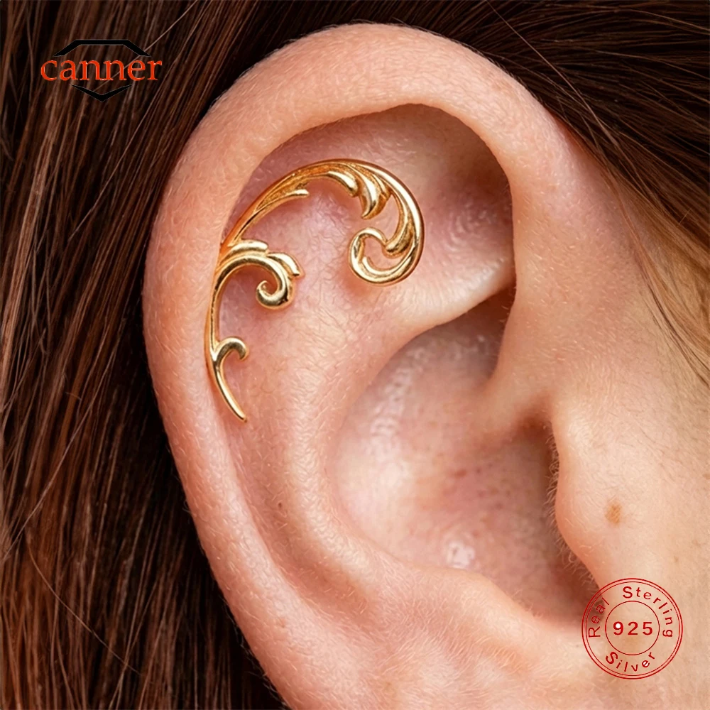 

CANNER 1PC 925 Sterling Silver Flower Bud Wave Flat Back Thread Piercing Earring For Women INS Shiny Hollow Lotus Flower Earring