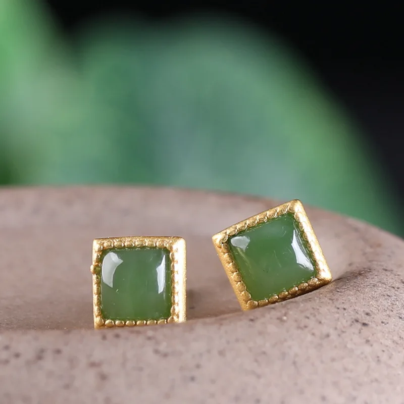 

Новые серьги в китайском стиле, простые квадратные, из серебра 925 пробы с позолотой, инкрустированные нефритом Хэтянь и бирюзой.