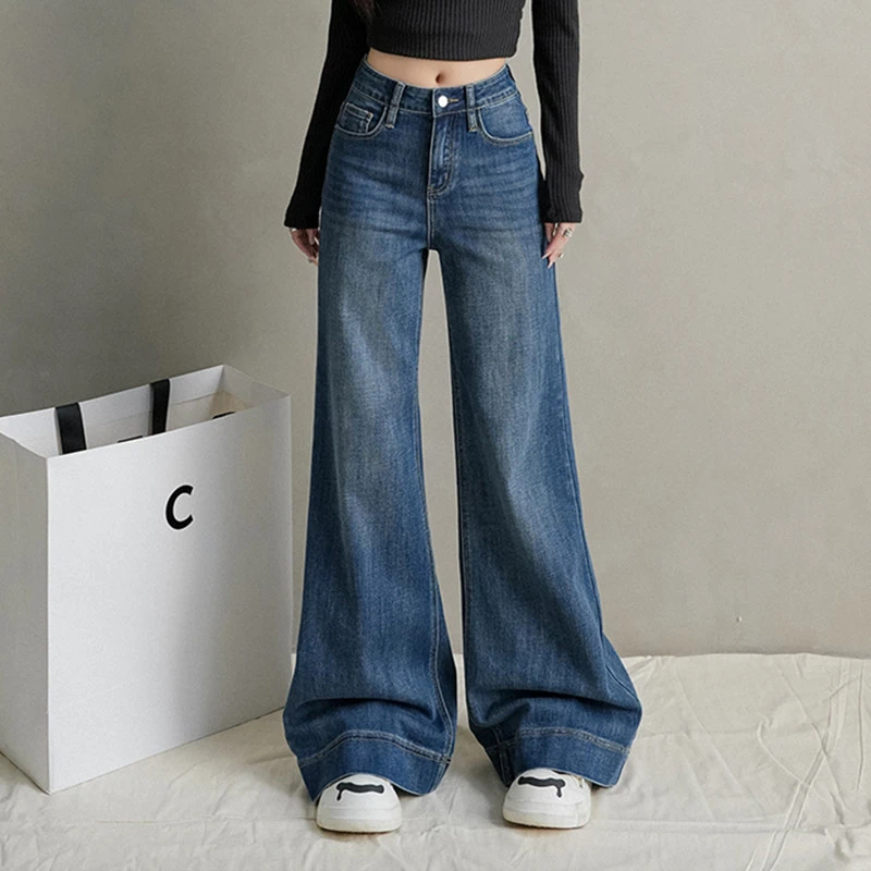 Damskie jeansy FINEWORDS z wysokim stanem, rozszerzane, szerokie nogawki, koreański styl casual, niebieskie jeansy bootcut, streetwear, Harajuku, dzwony.