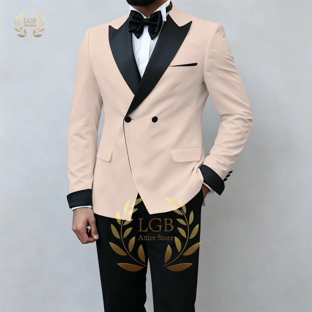 Men's White Formal Jacket (Black Lapels, Double-Breasted) — Suitable for Weddings, Proms, Parties, and Groom's Attire