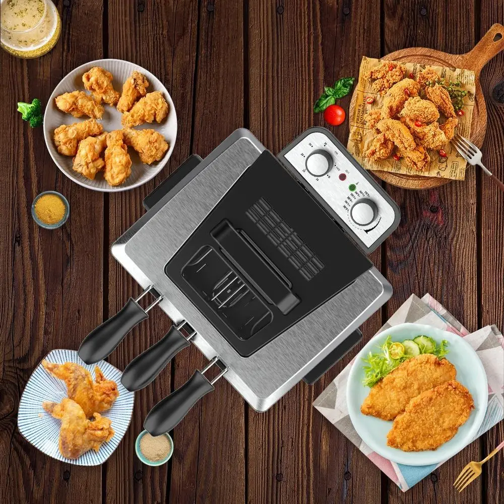 Penggorengan Listrik Stainless Steel 5L dengan 3 Keranjang, Suhu Dapat Diatur, Tutup Transparan
