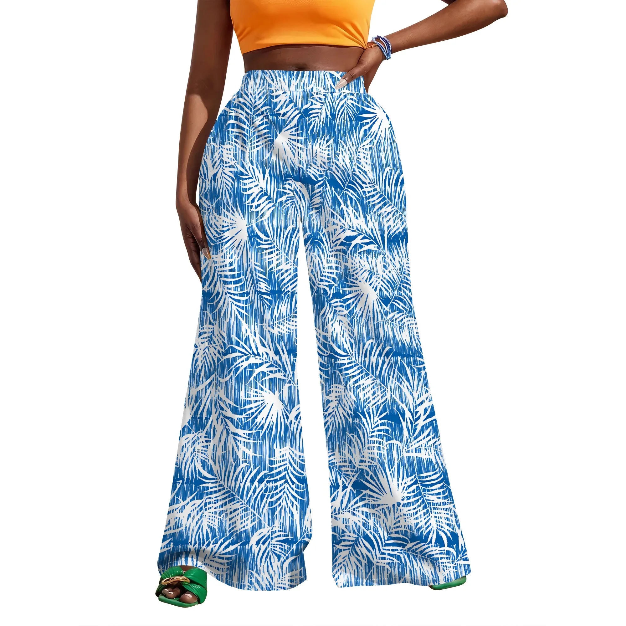 Ethnic Black Paisley Patch Print High Waist Wide Leg Pants Bohemian Summer Trousers