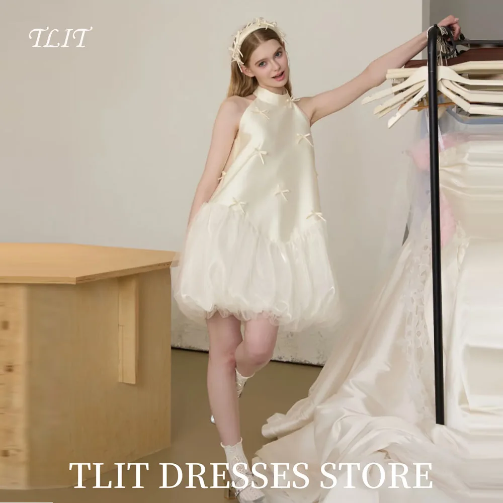 

TLIT Elegant Ivory Tiered Wedding Dress O-Neck Bow Prom Gowns Korea Bridal Dress Photos Shoot Customized Short Gowns