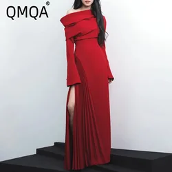 QMQA Fashion Women's Designer Dress Slash Neck Long Sleeve Pleated Slit High Waist Elegant Dresses 2025 Female Clothing 1A977
