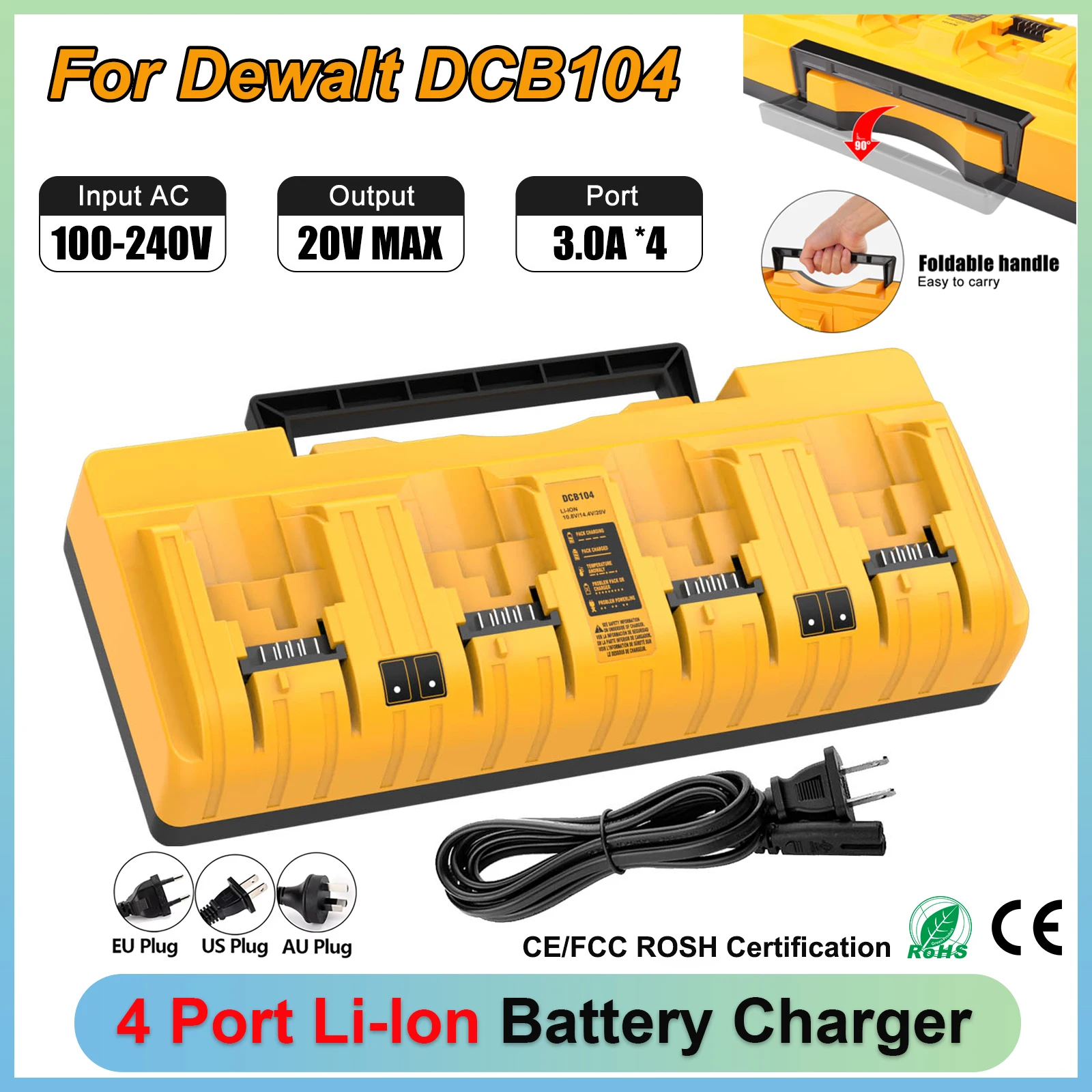 4 Port Li-Ion Battery Charger For Dewalt 12V-20V Max Lithium Battery Charger with LED & Handle DCB104 DCB120 DCB127 DCB112