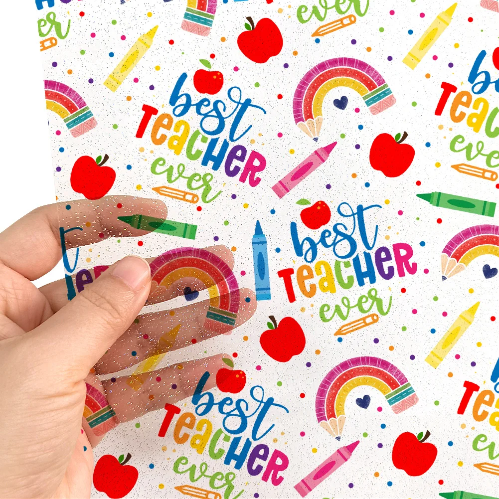 Back to School Pencil Apple 30x22cm Glitter Transparent PVC Faux Leather Vinyl Sheet for Sparkle Bow Making Bag Accessories DIY