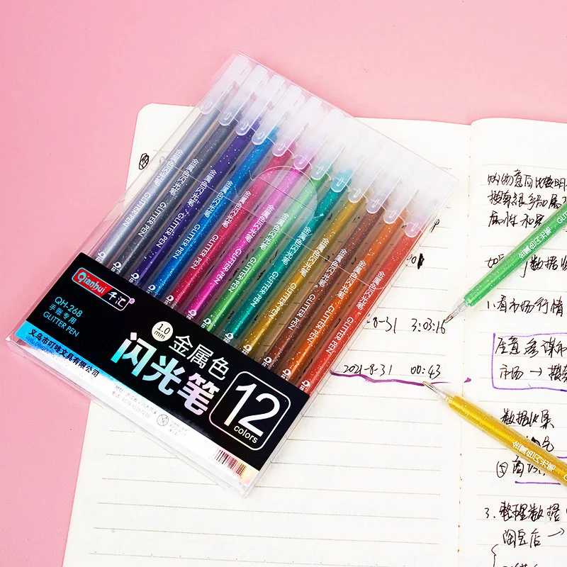 [YU]12 Colors Glitter Gel Pens 1.0MM Color Gel Pen For School Office Coloring Book Journals Drawing Doodling Art Marker Pen