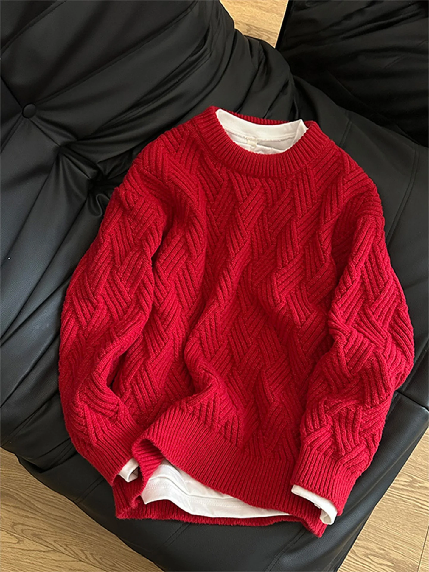

Red Knitted Twist Flower round Ne Sweater for Men And Women Cisas New Year Lazy Inner Wear Winter Comfortable Soft Thi