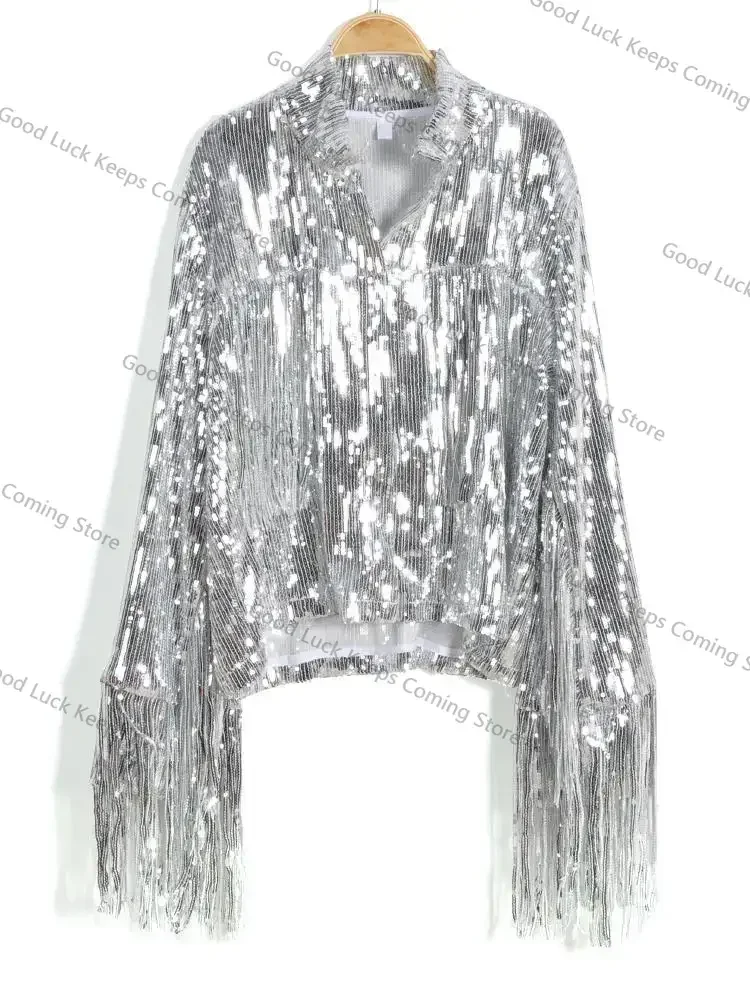

Куртка с пайетками и бахромой на молнии, осень-зима 2026, уличный стиль, ретро, в стиле бф, с длинными рукавами, серебристая светоотражающая, женская верхняя одежда