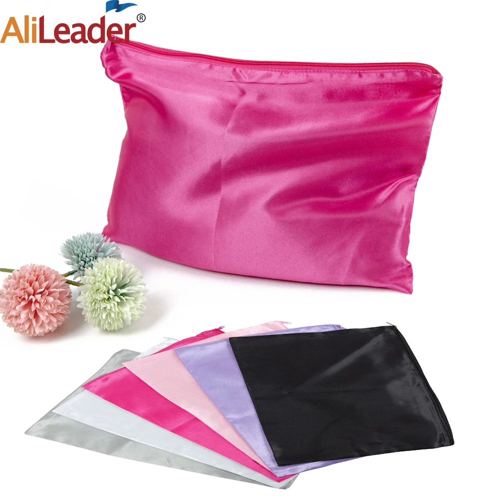 Custom Logo Contact US Zipper Satin Bag Silk Satin Bag Organizer Satin Zippered Wig Storage Bags For Packaging Wigs Bundles