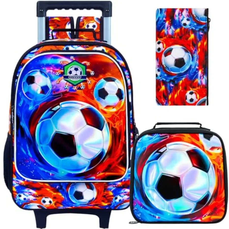 

3Pcs Soccer Rolling Backpack for Boys, School Backpacks with Wheels, Roller Bookbag with Lunch Box for Elementary Preschool Ice