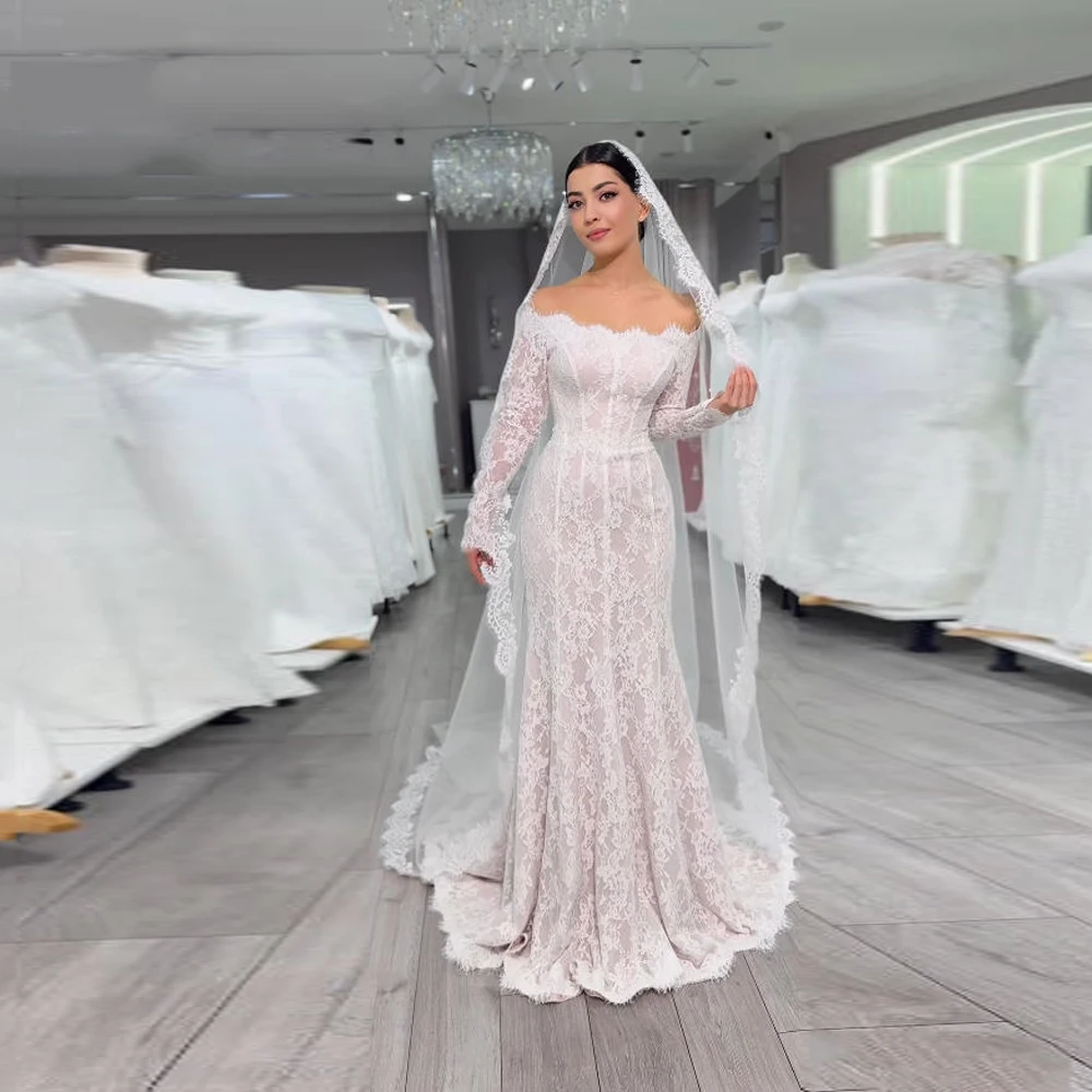 Off Schulter Frauen Brautkleider Elegante Lange Ärmeln Meerjungfrau Spitze Braut Kleid Engagement Bankett Vestidos De Novia Angepasst