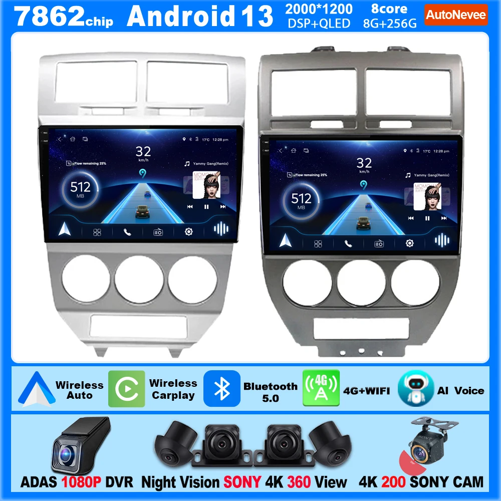 

CarPlay Android Car Radio For Dodge Caliber For Jeep Compass 2006-2012 Multimedia Player 5G Wifi 7862 CPU Touch Screen Display