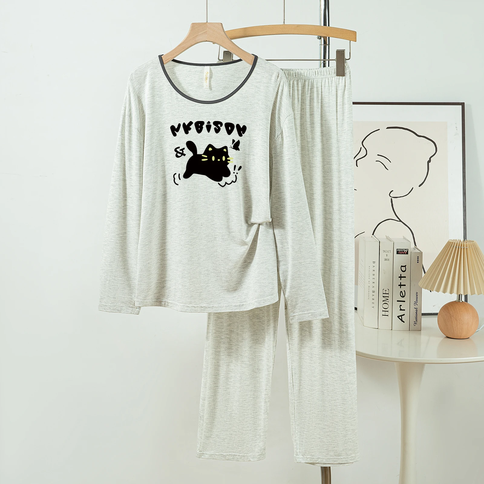 

5181-22 Casual and Comfortable Modal Cotton Pajamas for Women, New Spring and Autumn Long-Sleeved Long Pants Solid Color Casual