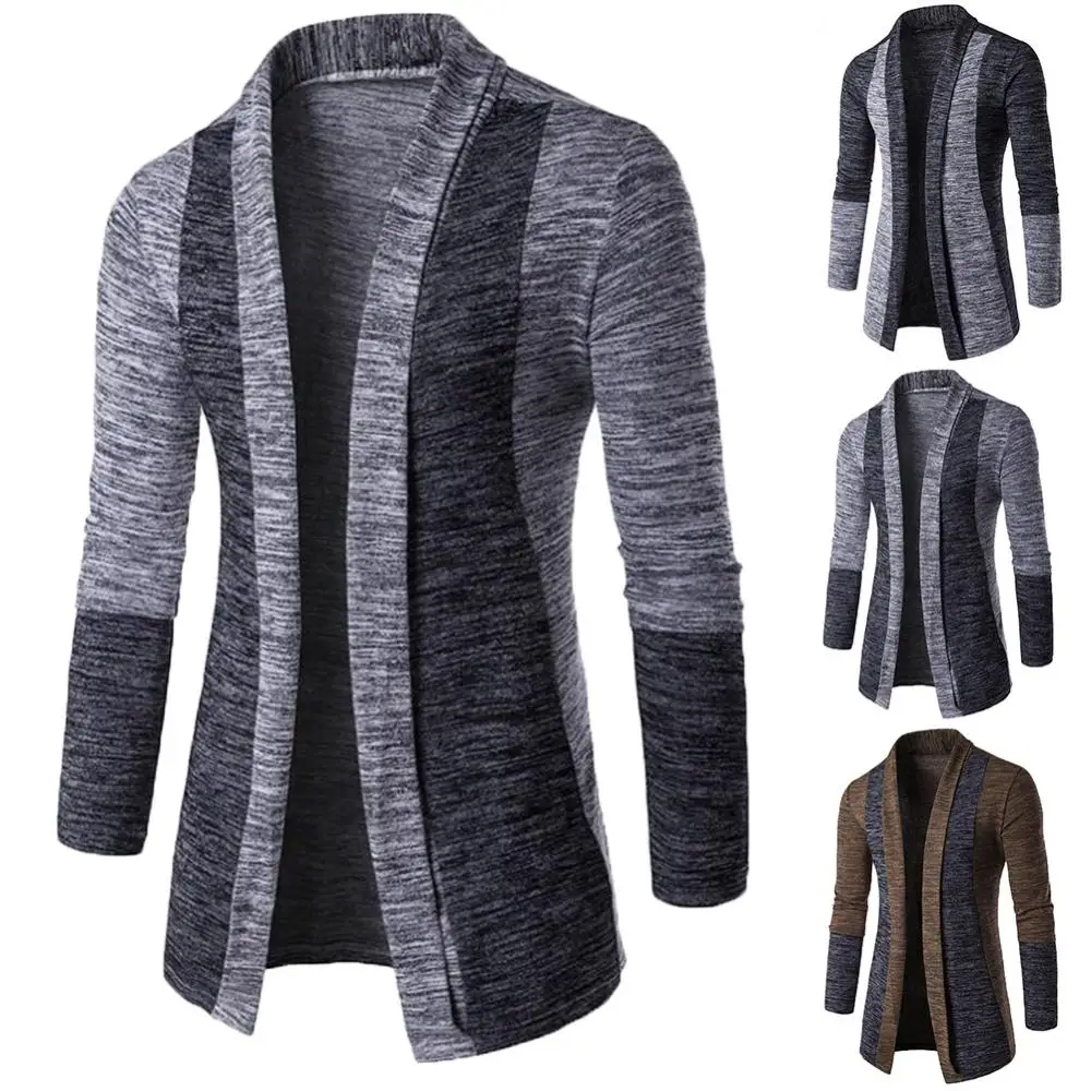 Men Sweater Coat Long Sleeve Knitted Cardigan Patchwork Slim Fit Retro Outwear