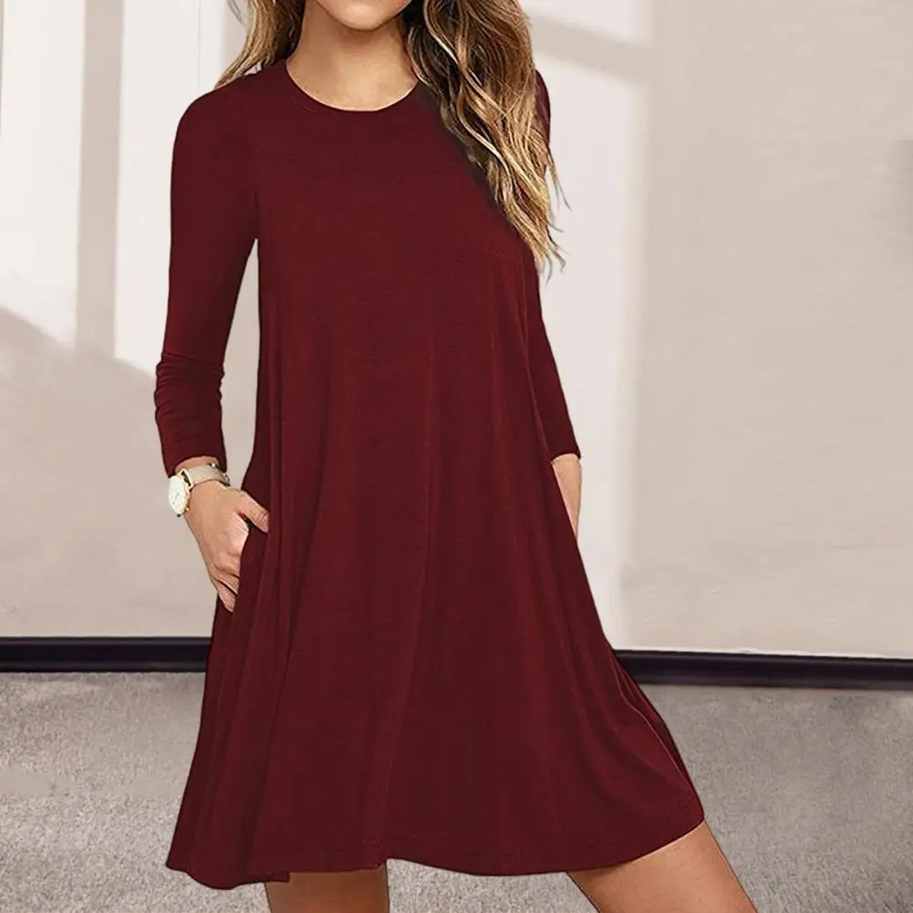 

Big Hem Dress Elegant A-line Mini Dress with Pockets Long Sleeves for Dating Shopping in Fall Spring Fashion Women Mini Dress