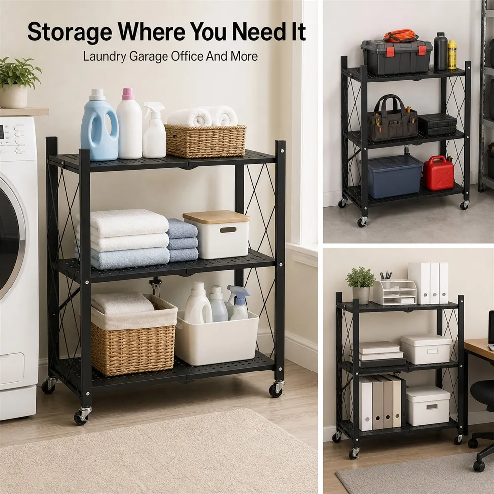 Zoe 3 Tier Foldable Rolling Storage Shelf With Wheels Metal Utility Rack Collapsible Organizer For Kitchen Pantry Garage Laundry Room Office And Small Spaces