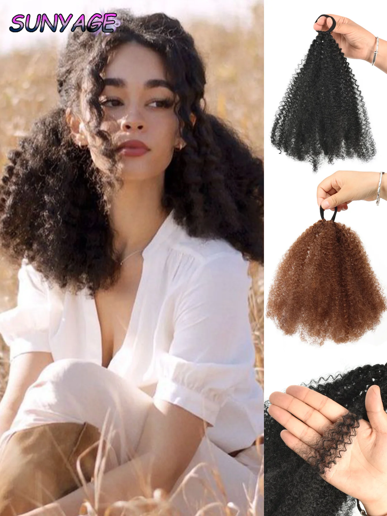 

Afro Kinky Curly Synthetic Extensions Weave Bundles Weaving African Black Ponytail elastic band Hair Ring Ponytail 10 Inches