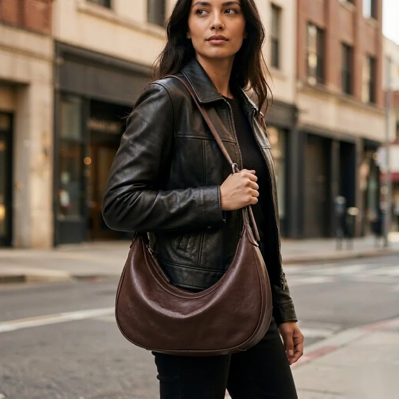 Women Vintage Moon Underarm Bag Smooth Cowhide Ladies Street Casual Handbag Female Retro Saddle Purse 2026