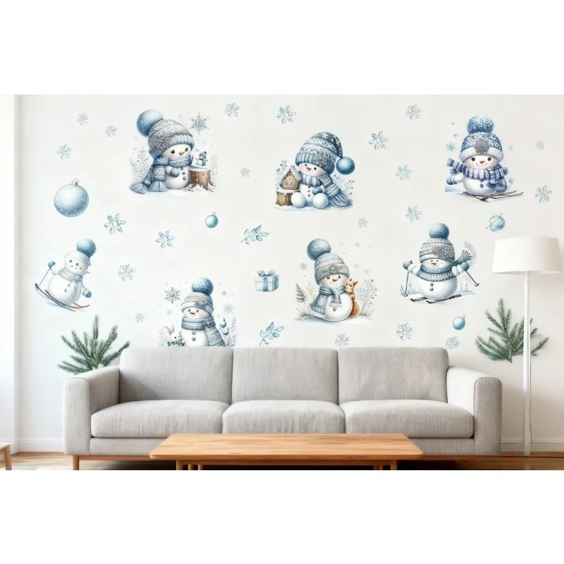 Blue Pattern Hat Snowman Christmas Window Sticker Ins Style Double Sided Visual Self Adhesive for Wall and Glass Decoration