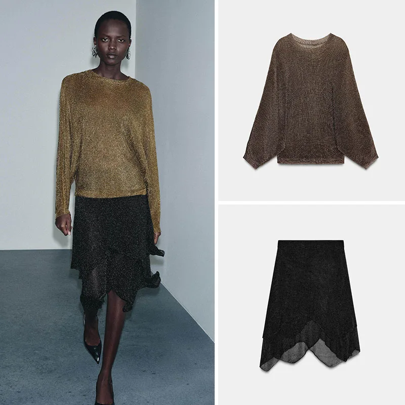

Winter New Arrival Women's Metal Color Knitted Sweater And Skirt Set ZA2025 Faionable Two-Piece Ensemble for Young Girls