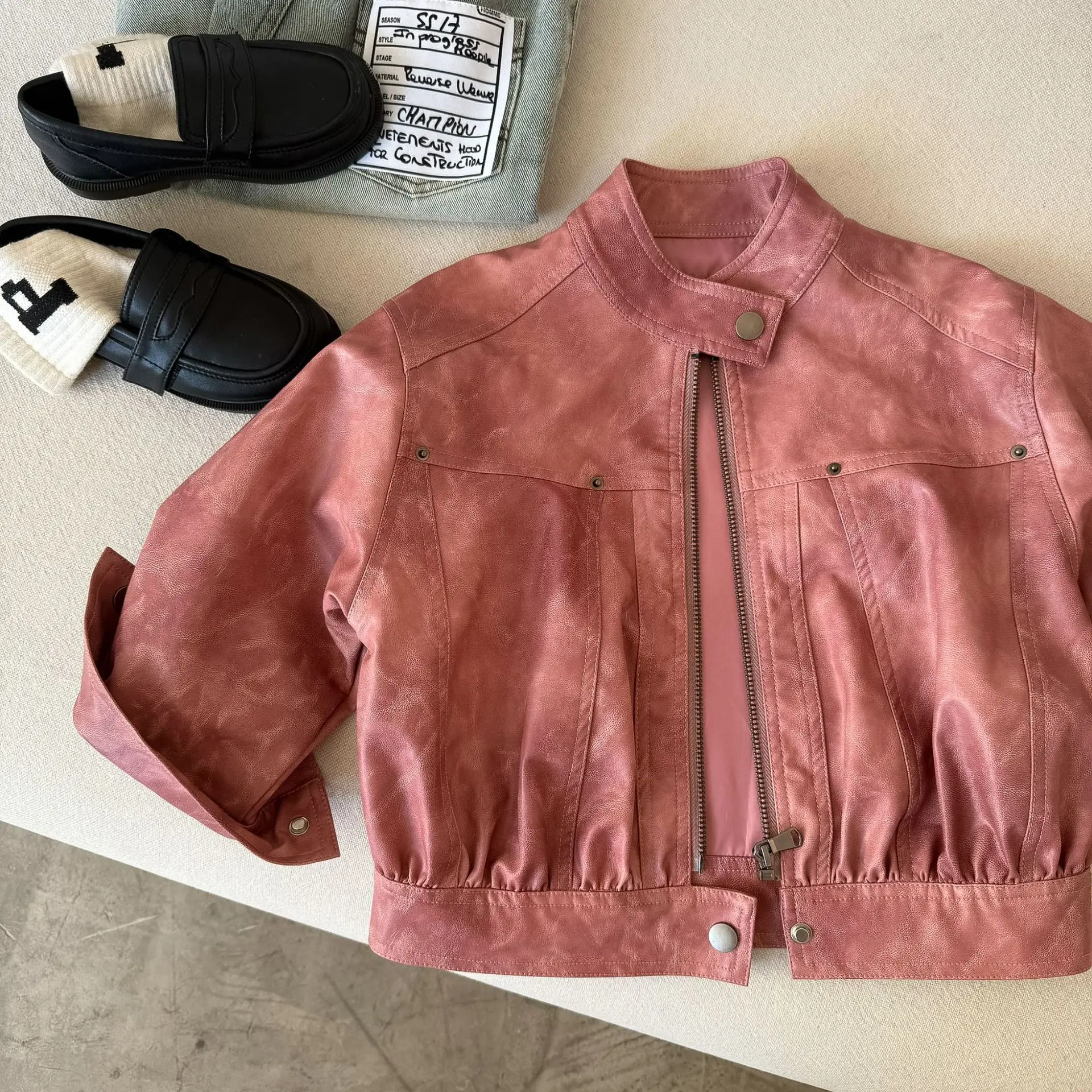 Children's coat 2025 spring new product boys and girls solid color tooling leather jacket baby personalized leather jacket