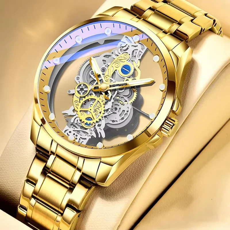 

2022 Brand Watch Mens Skeleton Quartz Man Watch Fashion watch for men Gold steel band Business Luxury Wristwatch reloj hombre