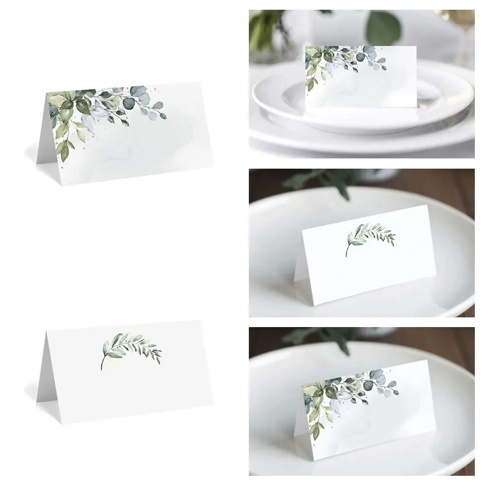 50pcs Simplicity Green Leaf Table Place Cards Blank Paper Seating Place Cards Printing Tented Name Card Bridal Shower