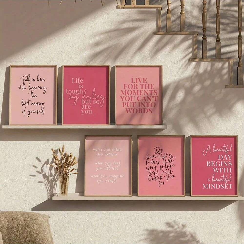 6-Piece Motivational Wall Art Pink Office Desk Decor Life Slogan Gallery Wall Set Blush Pink Wall Art Pink Home Office Decor Fem
