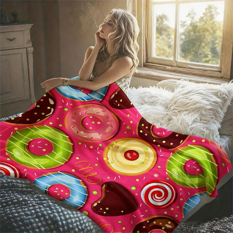 Colorful Donut Candy Flannel Blanket Warm Soft Halloween Christmas Decorative Couch Warm Cozy All-Season Gift