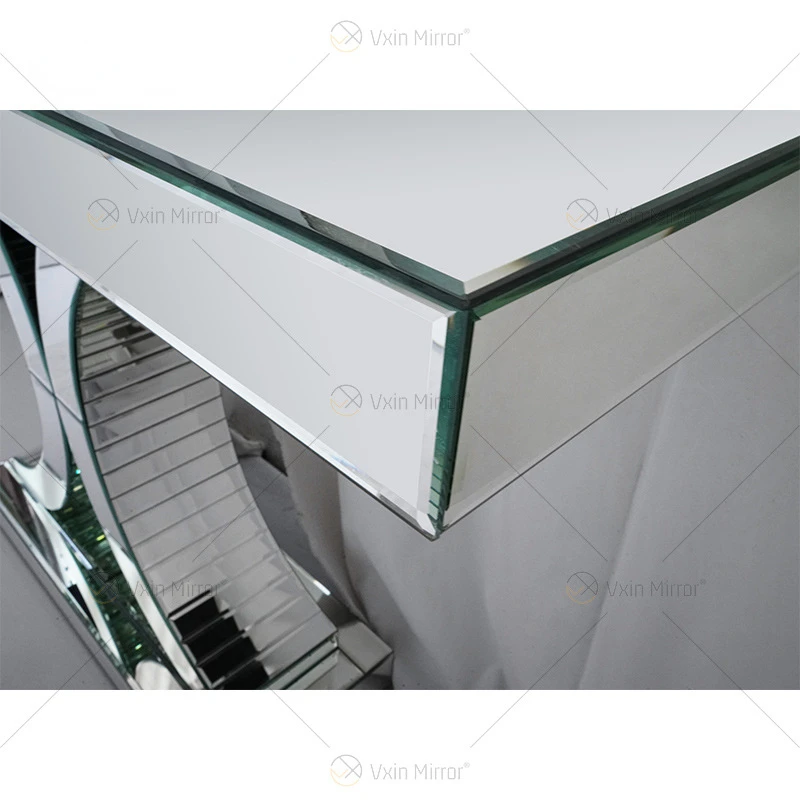 Mirror entryway table, console table, glass furniture, entryway table, living room, against the wall, end viewing table