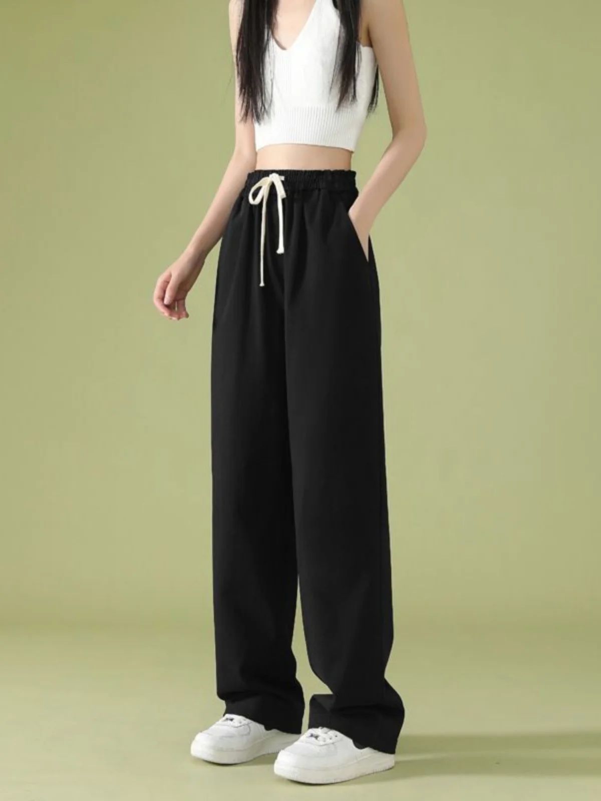 High Waist Green Casual Pants Women's Loose Leggings Trousers Draped Sensation Military Color Workwear Autumn Long Pants
