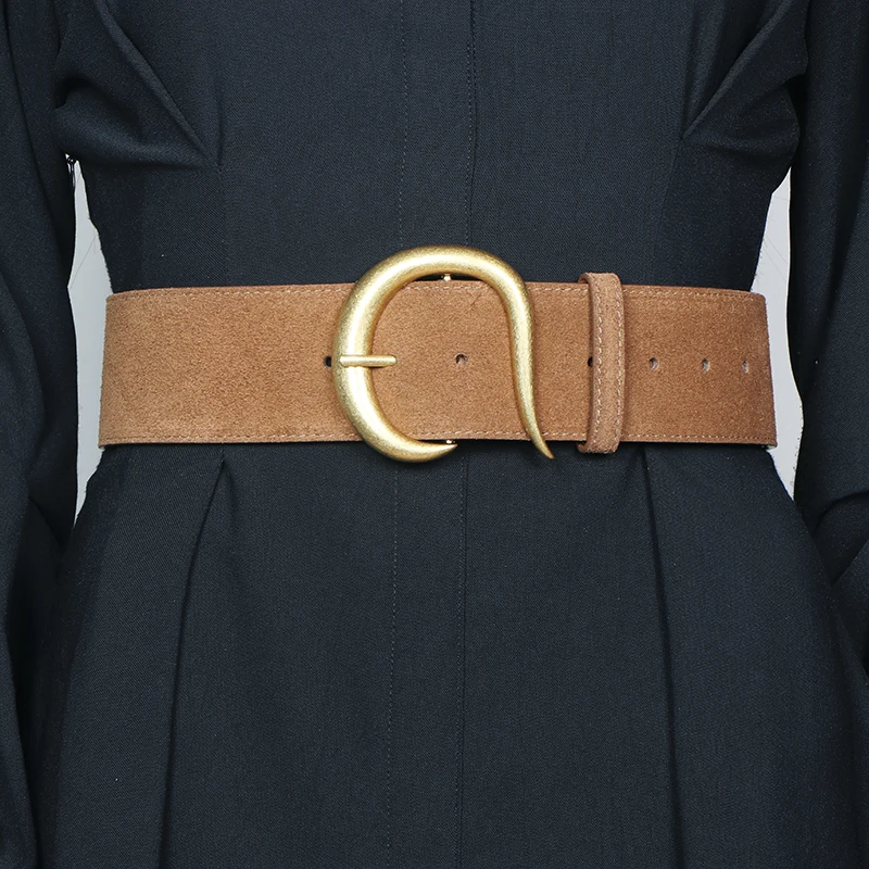Mode Breite Echtes Leder Frauen Gürtel Design Wildleder Rindsleder Kleid Bündchen Einfache Breite Gürtel Vintage Gold Schnalle Gürtel – Detail 9