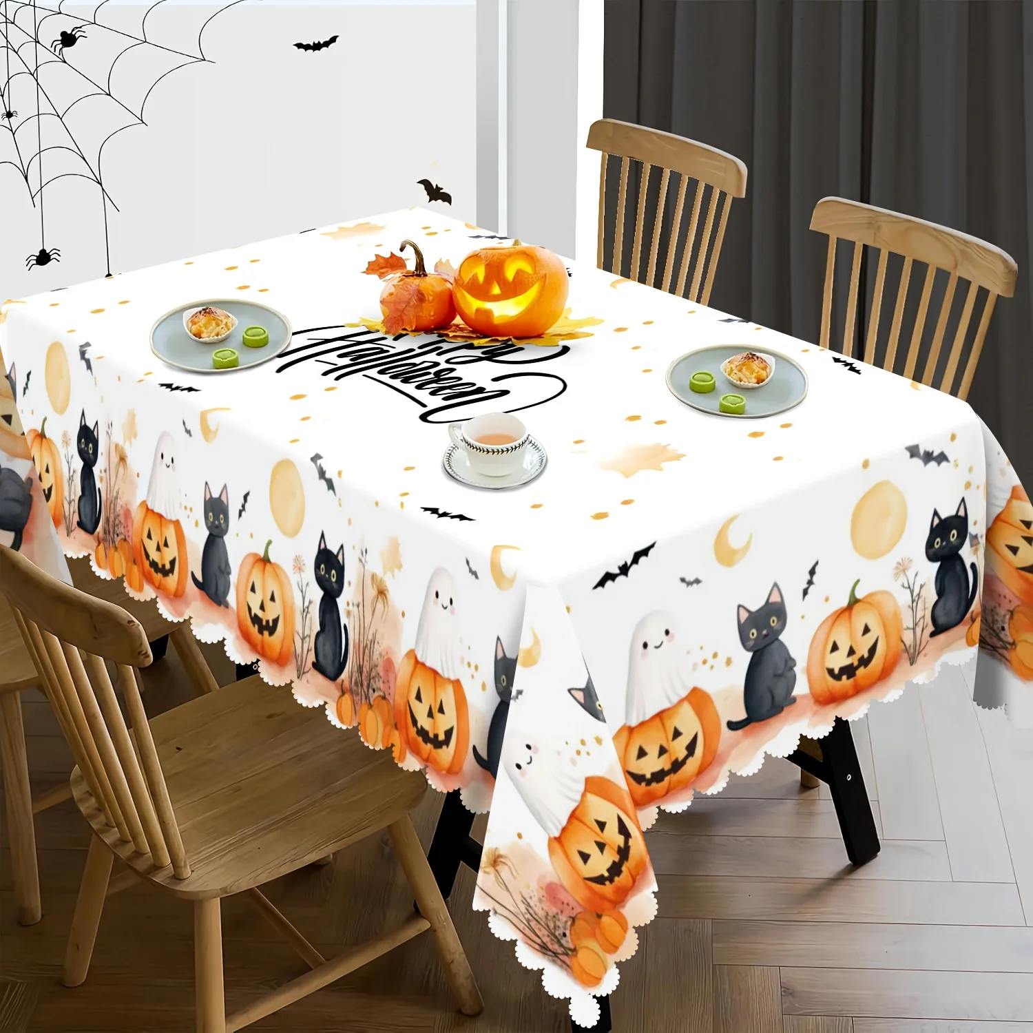 1 piece of Halloween black cat monster pumpkin ghost pattern design tablecloth, rectangular polyester tablecloth.PMJ