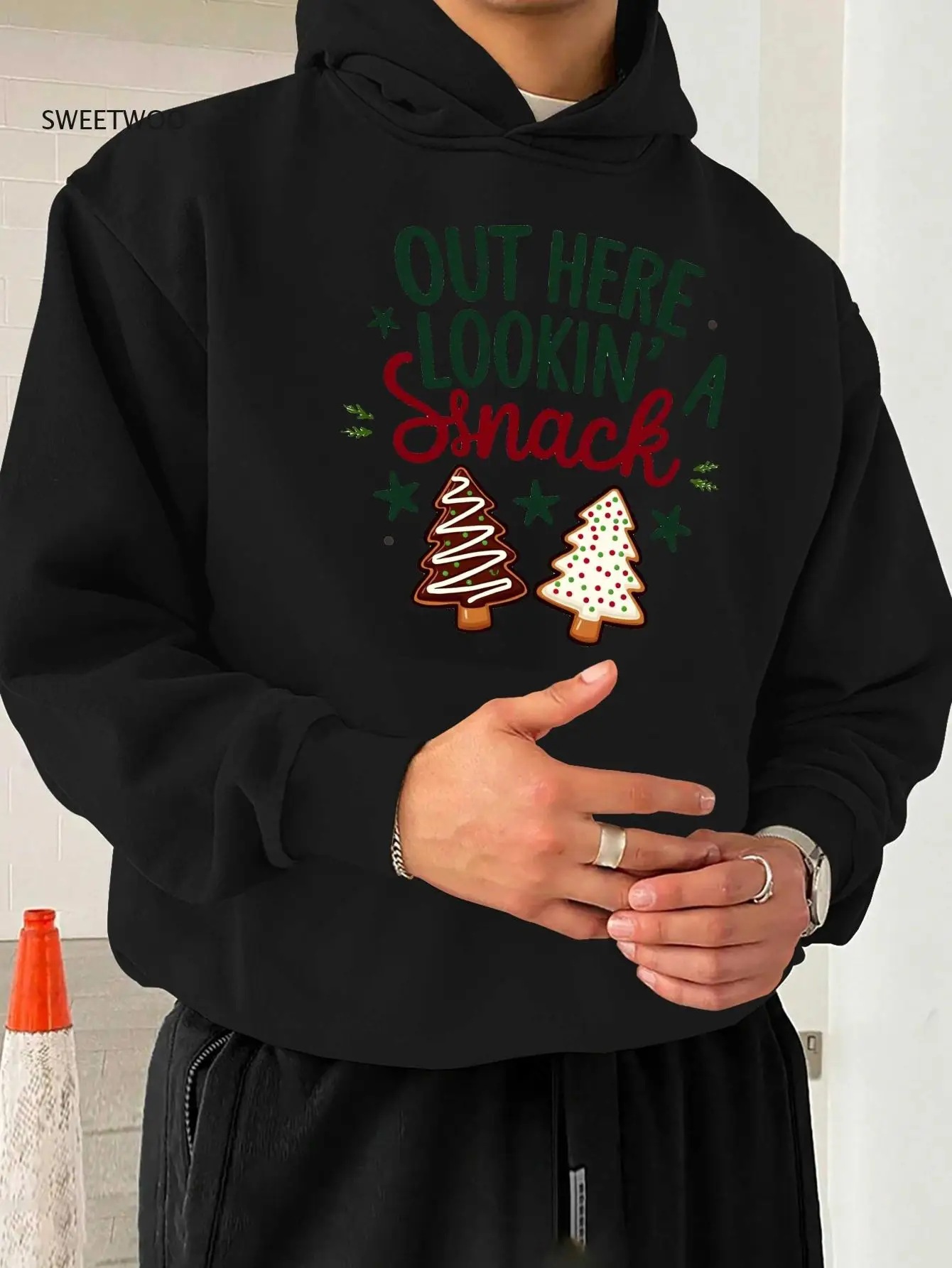 Sudadera con capucha extragrande de talla grande para hombre: eslogan "out Here Lookin' Like A Snack" con estampado de galleta y bastón de caramelo"
