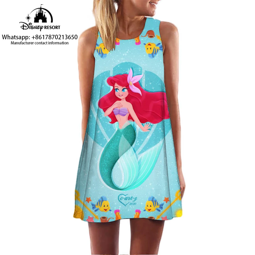 

Mermaid Princess Cartoon Print Sleeveless Dress New Casual Sleeveless Dress Women's Round Neck Printed Dress Kawaii Fashion Dres