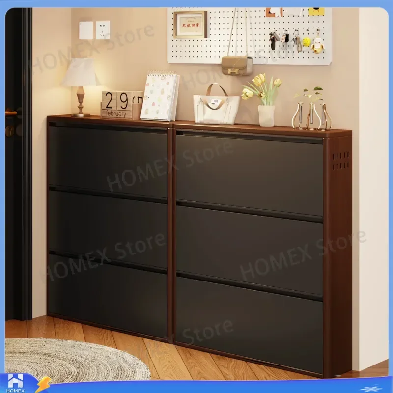 Ultra Thin Tipping Bucket Shoe Cabinet Steel Storage Rack Large Capacity Dustproof Entrance Organizer Antique Style Home