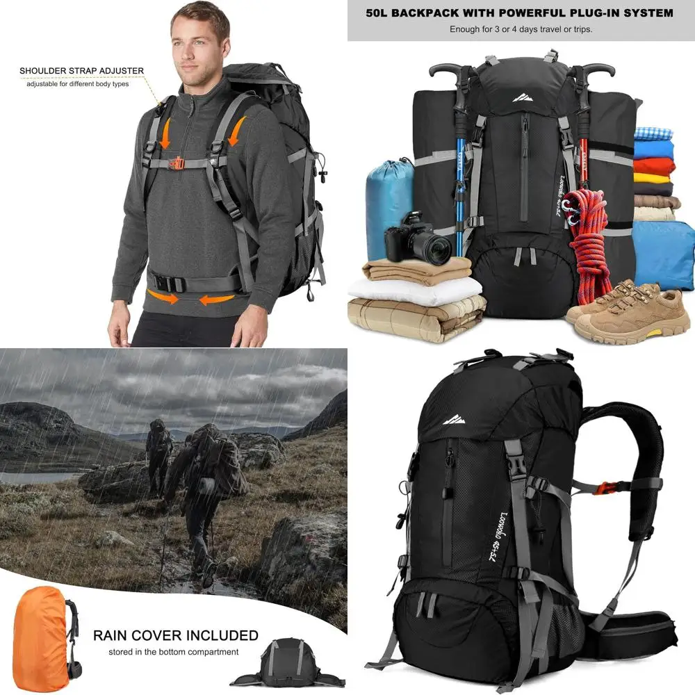 

50L Hiking Backpack with Waterproof Camping Essentials Bag & Rain Cover, Expandable Lightweight Pack
