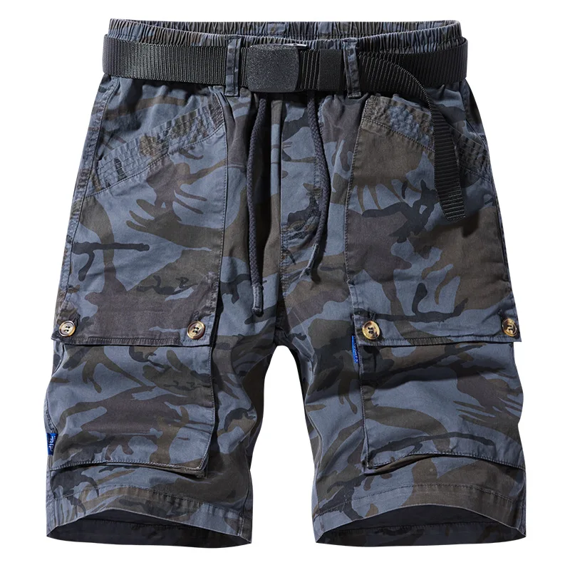 Elastic Mens Cargo Shorts Thin Summer Camouflage Multiple Pockets Mid Pants Drawstring Breathable Loose Hiking Hunting Overalls