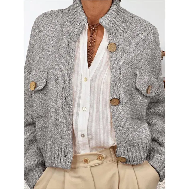 ABAH-Womens Cropped Cardigan Sweaters Button Up Chunky Knit Long Sleeve Stand Collar Open Front Loose Jackets