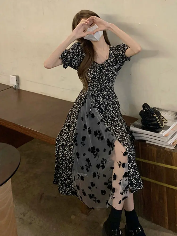 ผู้หญิงฤดูร้อน 2025 ใหม่ Slim ชุดเดรสลายดอกไม้ฝรั่งเศส