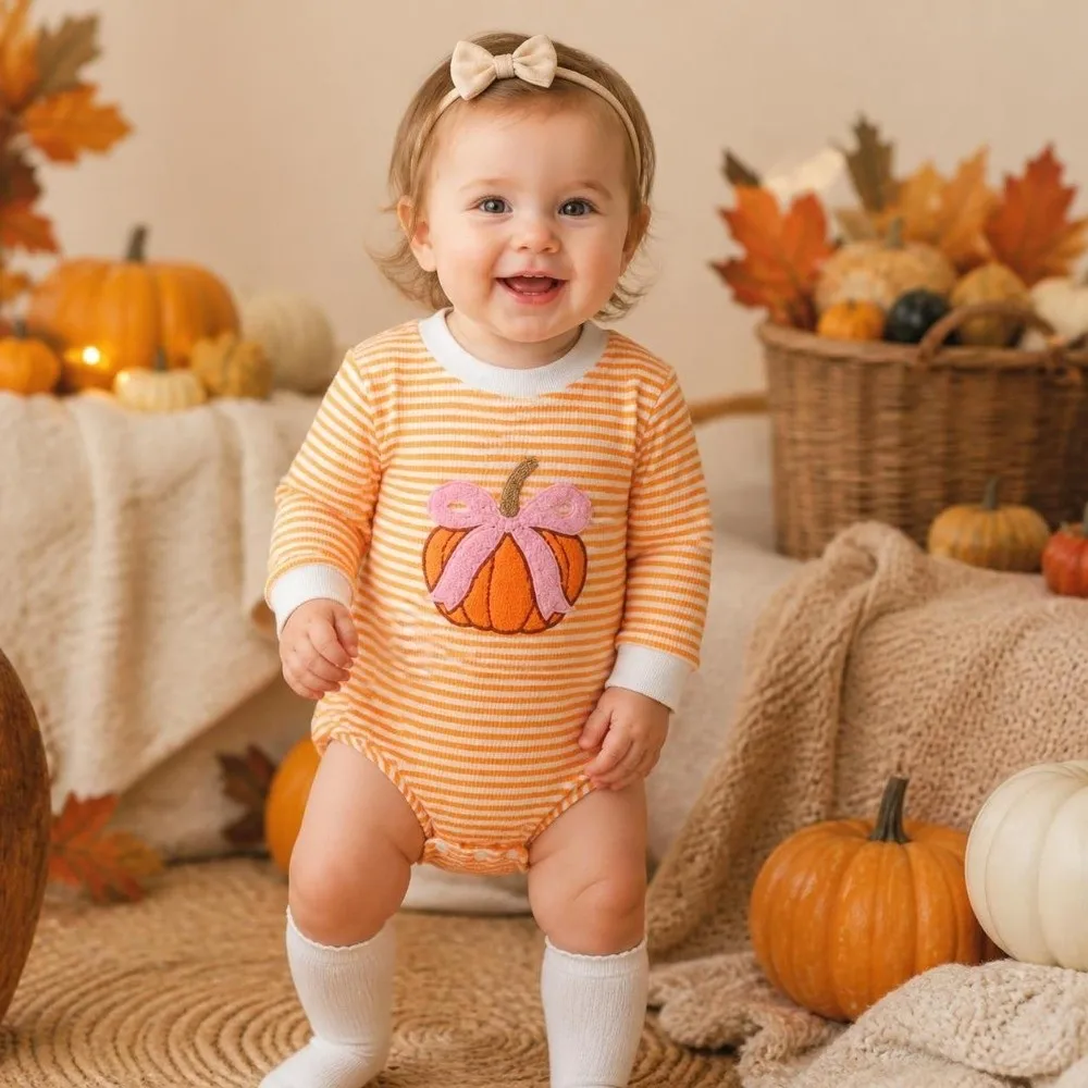 Sweet Bow Pumpkin Embroidery Baby Bodysuit Long Sleeve Button Closure Infant Romper Baby Jumpsuit Halloween Party