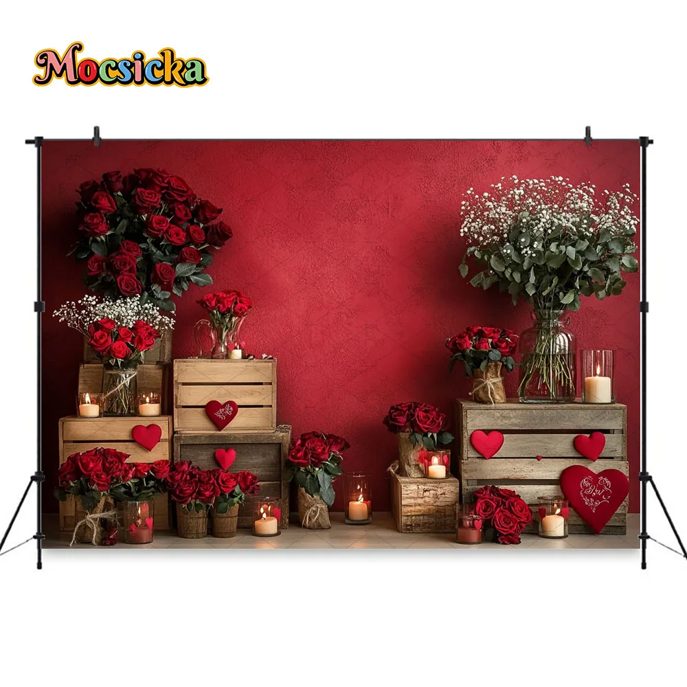 Valentine's Day Red Wall Background Photography Roses Love Candles Wooden Box Backdrop Girl Birthday Wedding Party Photo Studio