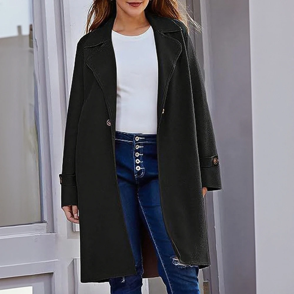 

Женское длинное пальто на осень-зиму, двубортное, элегантное, однотонное, с лацканами, офисное, женское, с длинным рукавом, приличное