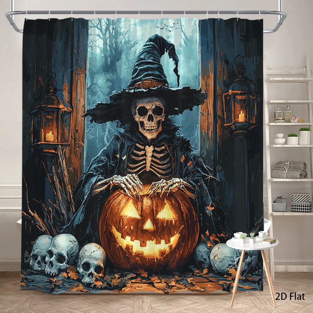 Spooky Halloween Skeleton Witch Pumpkin Shower Curtain Scary Gothic Horror Bathroom Decor